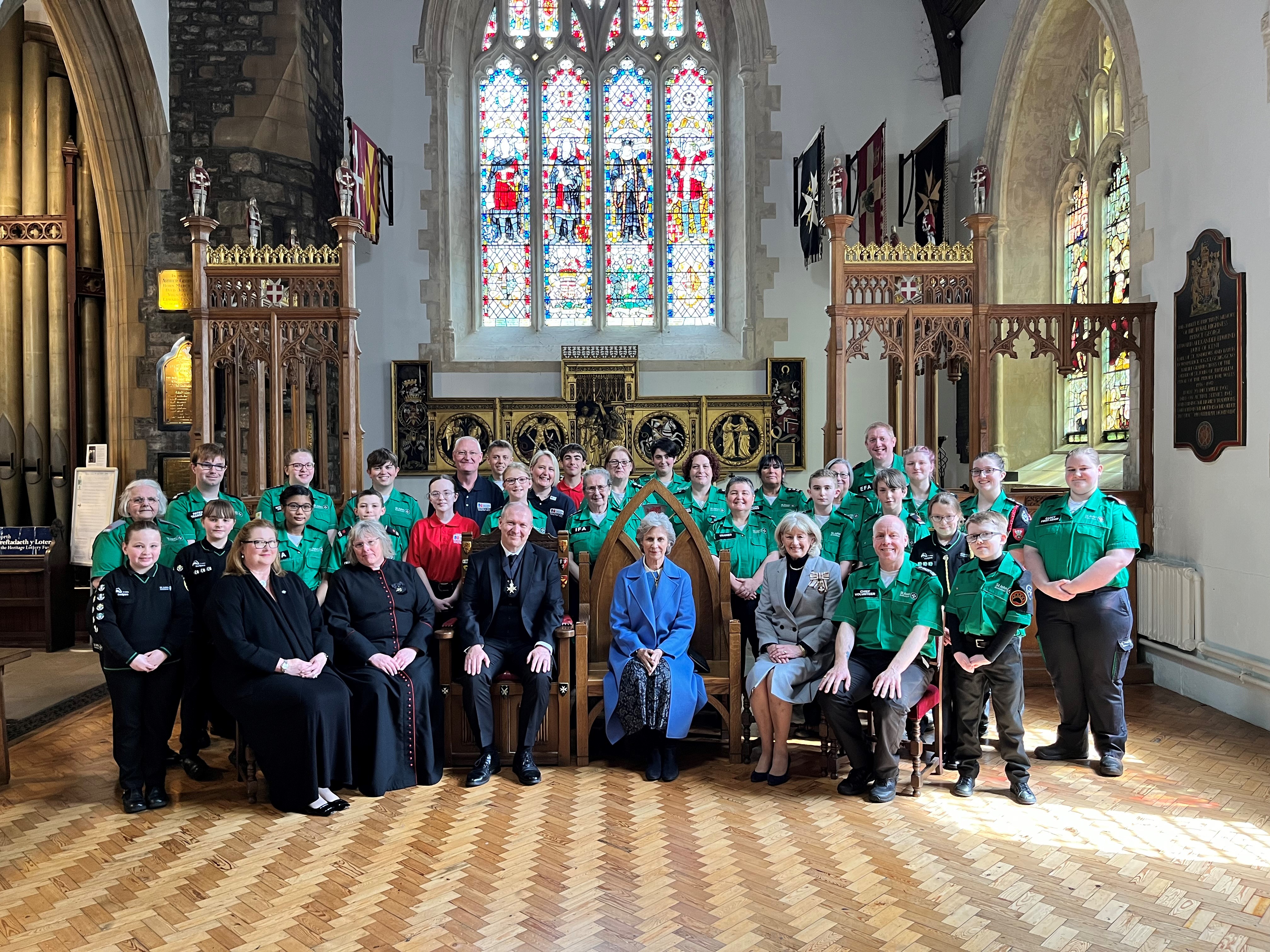Group of St John Ambulance Cymru volunteers during a meeting with HRH The Duchess of Gloucester 